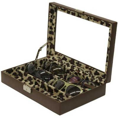 Tech Swiss- TS5440BRN Eyeglass Sunglass Storage Case Brown Leather Box Wild Leopard for 6 Glasses