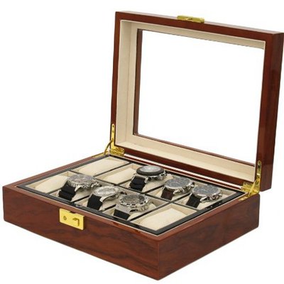 uTech Swiss 10 Box Storage Removable Tray Cherry Finish Glass Window 