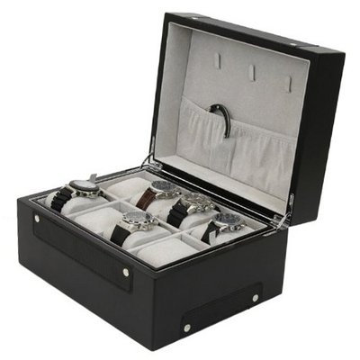 Valet Sporty- Renzo I Designer Black Carbon Fiber Accents Engravable Plate Removable Tray Holds 8 es with Extra Compartments