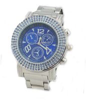 Iced Out, Blue Crystal, Silver Tone Hip Hop Bling Bing Metal