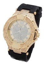 Iced Out,White Crystal, Gold Tone Hip Hop Bling Bing Black Rubber