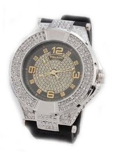 Silver Tone Hip Hop Black Rubber Band Heavy Duty Ice Out