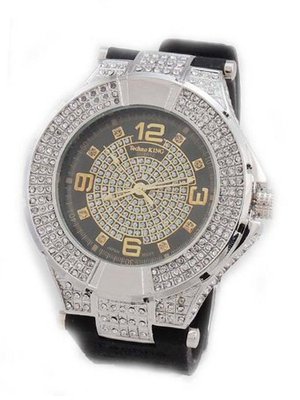 Silver Tone Hip Hop Black Rubber Band Heavy Duty Ice Out