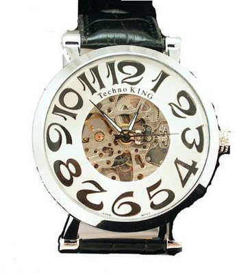Stainless Case Self-wind up Mechanical Automatic Silver Tone Black Leather