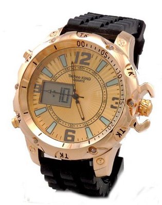 Techno King ,Gold Tone, Analog-Digital, Black Silicon
