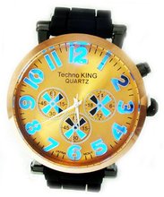 Techno King ,Seven Color Lighting, Gold Tone Dial, Black Silcon