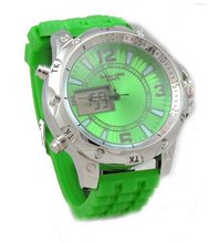 Techno King ,Silver Tone, Analog Digita,l Green Silicon