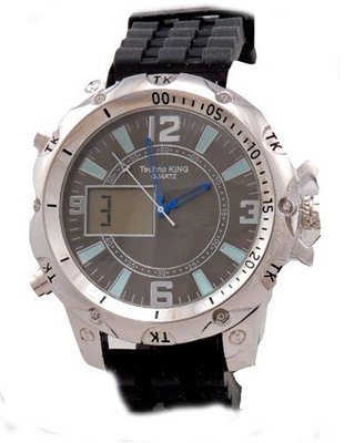 Techno King ,Silver Tone , Analog-Digital, Black Silicon