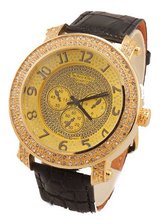 uTechno King Iced Out, White Crystal, Gold Tone Hip Hop Bling Bing Black Leather 