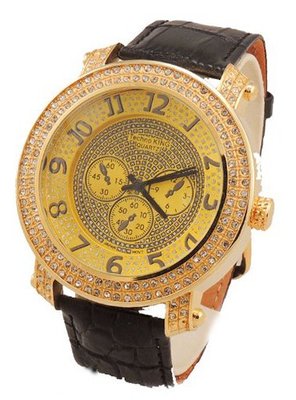 uTechno King Iced Out, White Crystal, Gold Tone Hip Hop Bling Bing Black Leather 