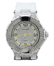 uTechno King Silver Tone Hip Hop Rubber Band Heavy Duty Ice Out -White 