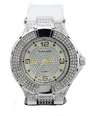 uTechno King Silver Tone Hip Hop Rubber Band Heavy Duty Ice Out -White 