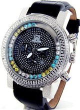 Techno Master Genuine Diamond Silver Case Black Leather Band #TM-2081-P