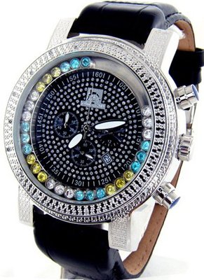 Techno Master Genuine Diamond Silver Case Black Leather Band #TM-2081-P