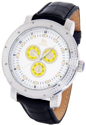 Techno Master Genuine Diamond Silver Case Black Leather Band w/ 2 Interchangeable Bands #TM-2132X