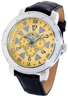 Techno Master Genuine Diamond Silver Case Black Leather Band w/ 2 Interchangeable Bands #TM-2132Y