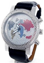 Techno Master World Map Genuine Diamond Silver Case Black Leather Band #TM-2081-W