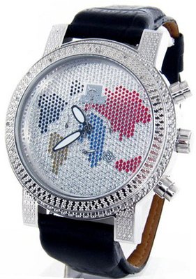 Techno Master World Map Genuine Diamond Silver Case Black Leather Band #TM-2081-W