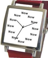 "Now" Is the Time That Is Shown Each Hour on the White Dial of the Polished Chrome Square Shape with a Red Leather Strap