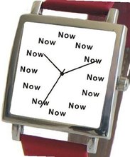 "Now" Is the Time That Is Shown Each Hour on the White Dial of the Polished Chrome Square Shape with a Red Leather Strap