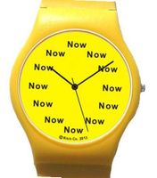 uThe NOW Watch "Now" Is the Time That Is Shown Each Hour on the Yellow Dial of the Yellow Polyurethane Case with Matching Yellow Buckle 