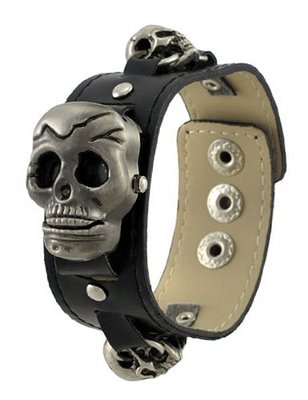 Black Wristband Flip-Up Skull Geneva Gunmetal Dial