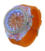 Fluorescent Orange LED Light Up Rave Jelly Band Rhinestone Bezel