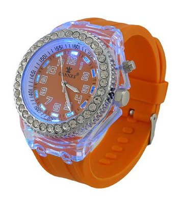 Fluorescent Orange LED Light Up Rave Jelly Band Rhinestone Bezel