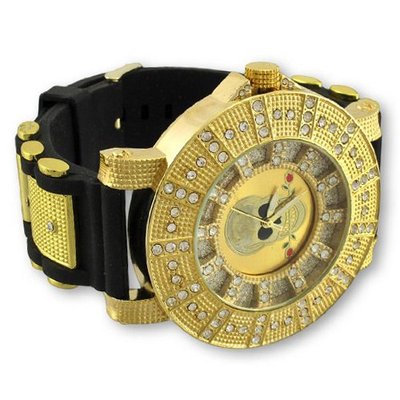 Gold Oversized Iced Out Skull with Rose Black Silicone Band