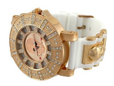 Rose Gold/Copper Oversized Iced Out Skull with Rose White Silicone Band