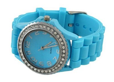 Sky Blue Fashion Jelly with Rhinestone Bezel Silicone Band