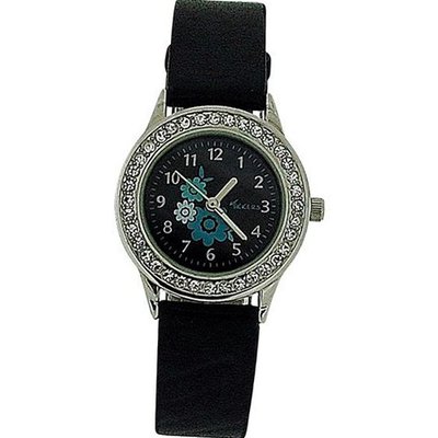 Tikkers Girls Black Flower Dial Stone Set Bezel Black PU Strap AGK-006