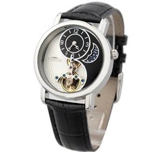 TIME100 Sun&Moon Phase Taichi Pattern Black Leather Strap Skeleton Mechanical #W60012M.01A