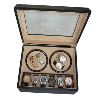 TimelyBuys 4 + 6 Quad Black Leatherette Automatic Winder & Storage Case