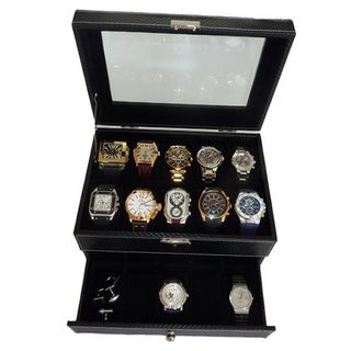 uTimelyBuys 20 Piece Black Carbon Fiber Pattern Box Display Case Collection Jewelry Box Storage Glass Top 