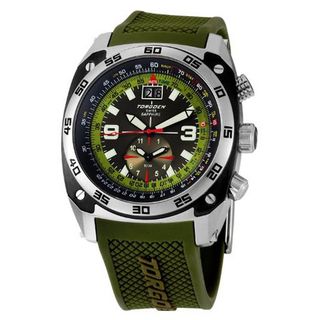 TORGOEN Swiss T07303 43mm Aviation with 12Hr Dual Time Zone, E6B Flight Computer and Green PU Strap
