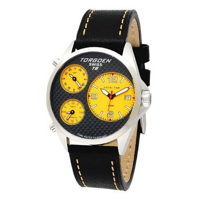 TORGOEN Swiss T08102 45.5mm Aviation with Triple Time Zone, Carbon Fibre Dial and Black Italian Leather Strap