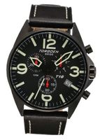 TORGOEN Swiss T16101 45mm Aviation with Chronograph, Black IP Case, Black Dial and Black Italian Leather Strap
