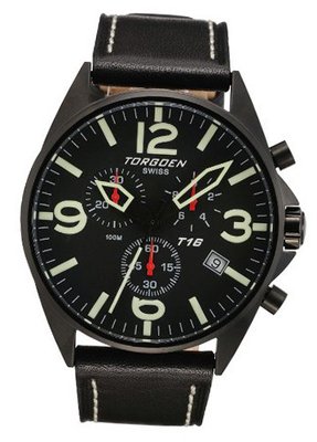TORGOEN Swiss T16101 45mm Aviation with Chronograph, Black IP Case, Black Dial and Black Italian Leather Strap