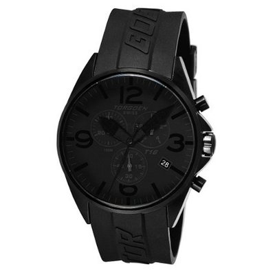 TORGOEN Swiss T16303 45mm Aviation with Chronograph, Black IP Case, Phantom Black Dial and Black PU Strap