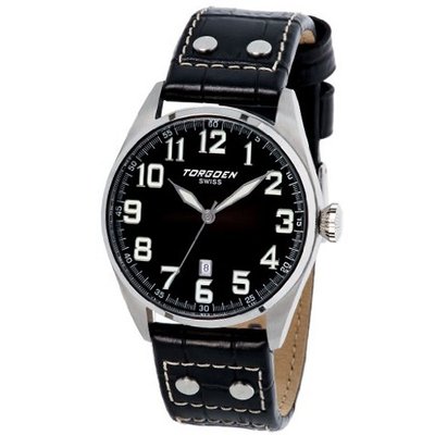 Torgoen T28101 Gents Quartz Analogue Black Dial Black Leather Strap