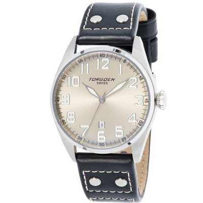 Torgoen T28102 Gents Quartz Analogue Silver Dial Black Leather Strap