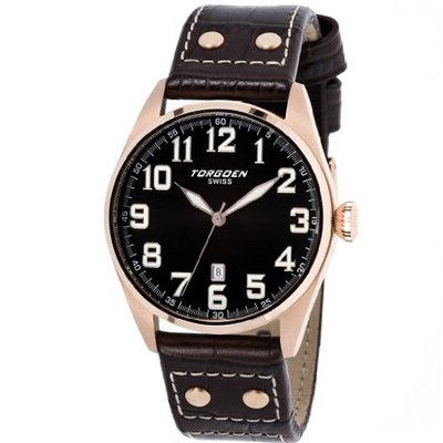 Torgoen T28105 Gents Quartz Analogue Black Dial Brown Leather Strap