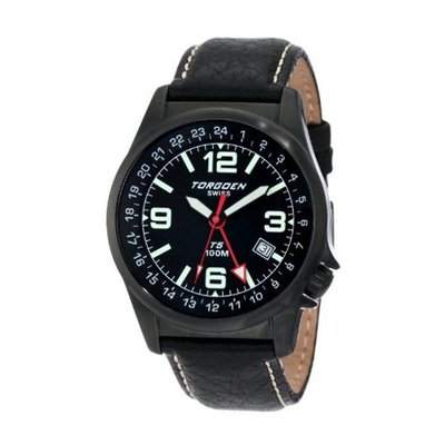 uTorgoen TORGOEN Swiss T05104 42mm Aviation with 24Hr Dual Time Zone (GMT) and Black Italian Leather Strap 