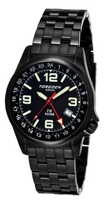 uTorgoen TORGOEN Swiss T05208 42mm Aviation with 24Hr Dual Time Zone (GMT) and Black IP Stainless Steel Bracelet 