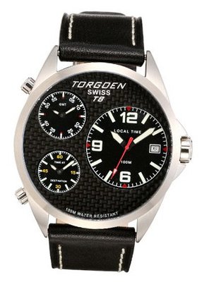 uTorgoen TORGOEN Swiss T08101 45.5mm Aviation with Triple Time Zone, Carbon Fibre Dial and Black Italian Leather Strap 