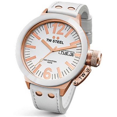 TW Steel CEO Canteen 50 MM White Dial White Leather Strap CE1036