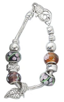 Flower & Leaf Bead Charm Bracelet With Diamante Clip New