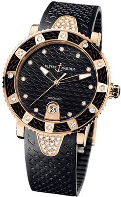 New Ladies Ulysse Nardin Marine Diamonds Lady Diver 18K Rose Gold Black 8106-101E-3C/12
