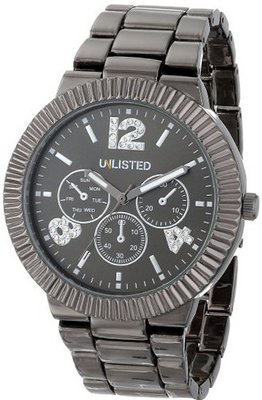 UNLISTED WATCHES UL4023 City Streets Triple Black Dial Analog Ridged Bezel Link Bracelet